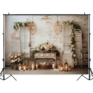 Spring Pink Flowers Photography Backdrop White Brick Wall Photo Booth Background Props Newborn Kids Portrait Photoshoot Props
