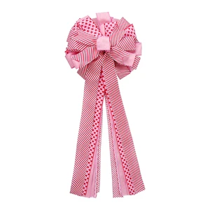 2026 New Eco-Friendly Polyester Pink Strip & Heart Printed 33*75cm Large Ribbon Spool Bows For Christmas Tree Top Decoration