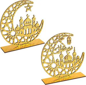 New Trending Small Durable Mosque Moon Wooden Craft Eid Mubarak Muslim Table Ornament Islamic Home Decor Party Ramadan Supplies