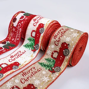 Custom Printed Christmas Wired Ribbon 63mm Burlap Christmas Tree Linen 50mm Wired Edge Ribbons for Holiday Decoration
