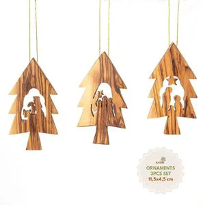 Olive Wood Nativity Christmas Tree Ornaments 3 Piece Set Handmade Modern Style Without Bark Decorations Wholesale From Bethlehem