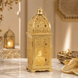 Wholesale Moroccan Ramadan Lantern Gold Metal LED Candle Holder For Eid Table Decoration