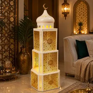 Wholesale Ramadan LED Lantern Tower White Gold Three Tier Floor Standing Large Islamic Ramadan Eid Decoration