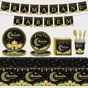 Black Gold Crescent Moon Lantern Ramadan Eid Party Disposable Supplies Set for Islamic Festival Decoration