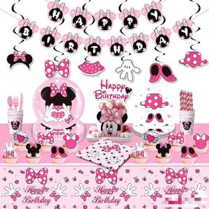 Customized Pink Mouse Cartoon Disposable Tableware Paper Cups Plates Tablecloth for Girls Baby Shower Birthday Party Decorations