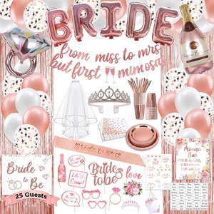 Bachelorette Party Decorations Kit Bride Balloons Banner Sash Tiara Veil Fringe Curtain Bar Plates Cups Napkins for 25 Guests