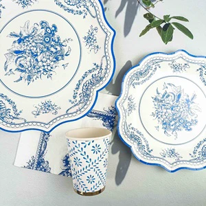 Chinese Retro Style Blue White Porcelain Paper Plate Set Disposable Tableware for Parties Dinners Weddings Table Decorations