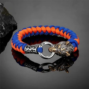 Handmade Stainless Steel Retro Norse Odin's Wolf Head Sports Entertainment Bracelets Men's Viking Paracord Rope Bangles