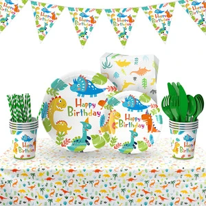 Dinosaur Birthday Party Supplies Set Birthday Banner Balloons Plates Cups Napkins Tableware Sets for Rainbow Party Decoration