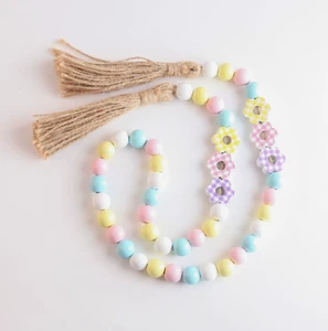 DAMAI Wholesale Spring Easter Decor Wooden Bead Garland Colorful Flower Design Supplies for Rustic Farmhouse Party Decoration