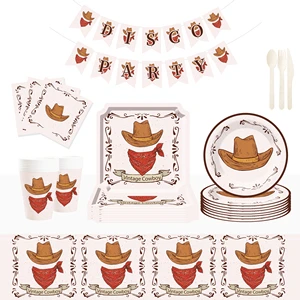DAMAI Cowboy Theme Party Decoration with West Cowboy Hat Disposable Party Paper Plate Cup Napkin Tableware Set