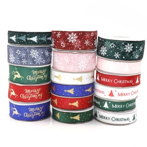 Hot Sale 1 Inch Custom Christmas Santa Claus Snowflake Tree Elk Decoration Luxury Heat Transfer Printed Grosgrain Ribbon Hot