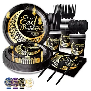 New Ramadan Mubarak Eid Mubarak Tableware Disposable Paper Plates Tablecloth Ramadan Party Supplies Muslim Islamic Festival