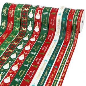 Midi Gold Foil Ribbons Merry Christmas Deer Santa Claus Printed 25mm Grosgrain Christmas Ribbon Roll for Presents Gift Wrap
