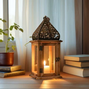 Hot Sale Eid Mubarak Party Supplies Ramadan Holy Iron Wooden Candle Holder Muslim Home Dining Table Decoration