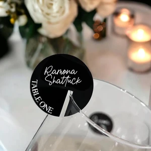 Full Name Table Number Personalized Place Card Champagne Flute Cocktail Wedding Engagement Acrylic Drink Tags Black Customized