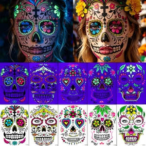 Wholesale Fluorescent Halloween Face Tattoo Sticker UV Glow Sugar Skull Day of the Dead Waterproof Temporary Party Makeup