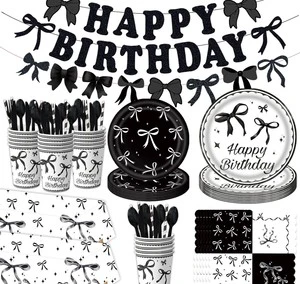 Cool Girl Bow Tie Black and White Theme Birthday Party Decoration Set Plate Napkin Paper Cup Decoration Props