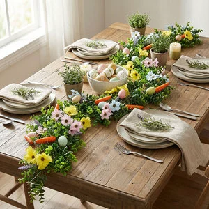 Rustic Easter Silk Rattan Artificial Floral Table Garland with Eggs & Carrots Spring Holiday Dining Decor Festive Home Party
