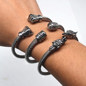 2023 New Punk Jewelry 5mm Steel Ring Stainless Steel Open Bracelet Fashion Twine Fist Dragon Head Bangle Gifts for Women