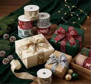 Luxury Eco-Friendly Polyester Christmas Ribbon for Gift Wrapping & Holiday Decoration