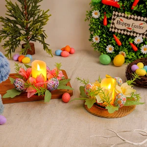Duoyou Artificial Easter Candle Holder Wreath With Flower and Eggs Easter Day Party Wreath