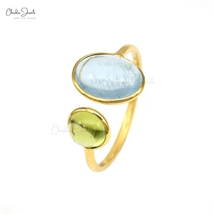 Classic 14k Yellow Gold Aquamarine & Peridot Adjustable Birthstone Ring 10x8mm Oval Gemstone Ring-Exclusive Wholesale Deals