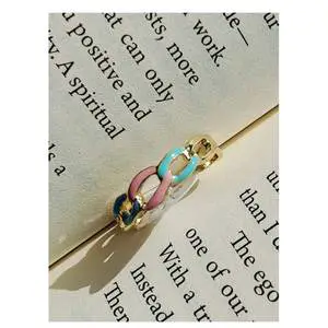 Chic Pastel Enamel Gold-Plated Chain Link finger Ring with Multi-Color Accents or designs for kitty party favors