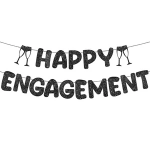 Happy Engagement Wedding Party Glitter Pennant Banner, Paper Pull Flag Wall Hanging Decor for Bridal Shower Celebration