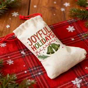 Topjlh Linen Drawstring Christmas Stocking Double Sides Printable 17.5*27*37cm for Custom Logo Holiday Decoration Wholesale Bulk