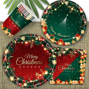 Modern Christmas Theme Party Decorations Set Disposable 3 Silk Tablecloth Paper Cup and Towel Disk