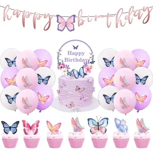 Pastel Colored Butterfly Themed Party Decor Set Including HBD Banner Cake Decorations Balloon Bouquet for Children's Celebration