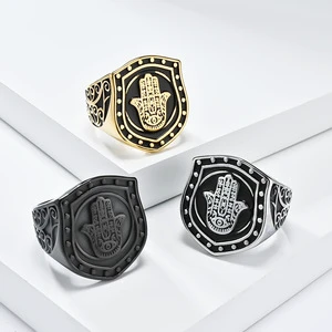 Fatima Hand Shield Ring Titanium Steel Unisex Jewelry Gift Gold Black Color Plain Inlay K-R907