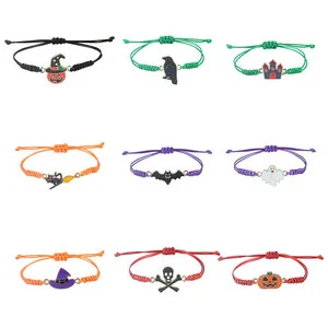 Halloween Pumpkin Ghost Bat Cat Pendant Bracelet Adjustable Handmade Weave Rope Colorful Bangle Unisex Fine Jewelry