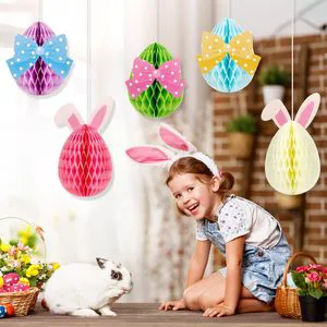 Spring Party Supplier 5pcs 3D Paper Honeycomb Easter Hanging Decorations Bunny Eggs Set for Indoor Outdoor Easter Decor