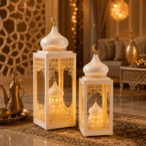 White Gold Ramadan Eid Lantern Set With LED Light Moroccan Islamic Home Decor For Eid Festival Wholesale