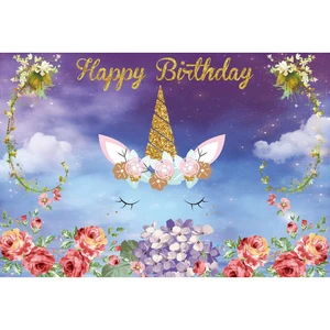 Happy Birthday Banners Unicorn Theme Birthday Wall Decor Party Backdrop Polyester Banners for Girls