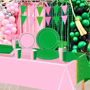 Party Decorations Pink and Green Plates and Napkin with Banner Tableware Set for Party Decorations Serve 10