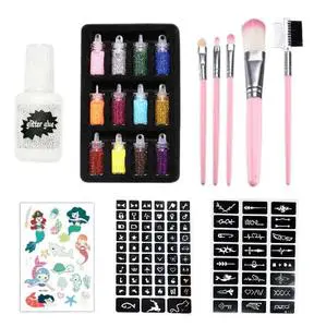 Kids Adult Party Glitters Makeup Brushes Set 12 Color Face Body Temporary Stickers Glitter Tattoo Kit
