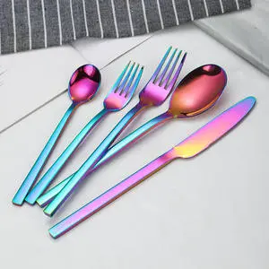 Rainbow cutlery set showcasing vivid color patterns crafted with strong steel ideal for modern home dining and table decoration