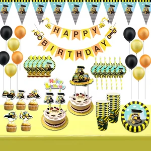 Construction Vehicle Theme Party Supplies Tableware Balloons Birthday Decoration Set Paper Plates Cups Cake Topper Tablecloth