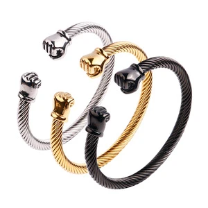 Charm Twisted Stainless Steel Cable Wire Bangle Retro Jewelry Punk Hip Hop Cuff Bracelet Men's Boxing Fist Bracelet