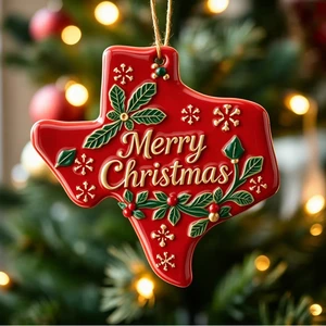 Christmas Holiday Tree Decor Christmas Red Holly & Snowflake Design Texas State Merry Christmas Ornament