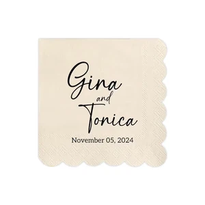 Personalized Scalloped Paper Napkins Custom Name Date Cocktail Napkins For Wedding Party Anniversary Sage Event Decor