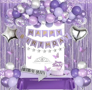Purple Women Girl Birthday Party Metal Latex Balloons Arch Flag Curtain Butterflies Cake Toppers Crown Sash Tablecloth Decor Kit