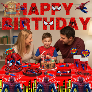 New Children's Cartoon Spider Man Birthday Party Supplies Luxury 3-Color Paper Plate Tablecloth & Flag Pulling Decoration Set
