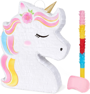 Unicorn Head Pinata Set with Blindfold and Stick Rainbow 3D Decor Surprise Gift for Kids Birthday Party Game Supplies