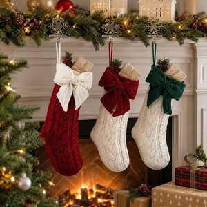 New Arrival Cable Knit Christmas Stockings with Large Bowknot Hanging Xmas Gift Bag for Fireplace Mantle Holiday Home Decoration