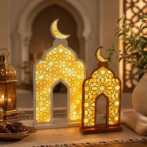 LED Ramadan Mosque Lantern MDF Crescent Moon Table Decor Warm Light for Eid Mubarak Decorations