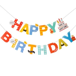 Happy Birthday Paper Flag Banner with Cake Crown Pull String Hanging Signs Flag As Party Favor Supplies Decoration